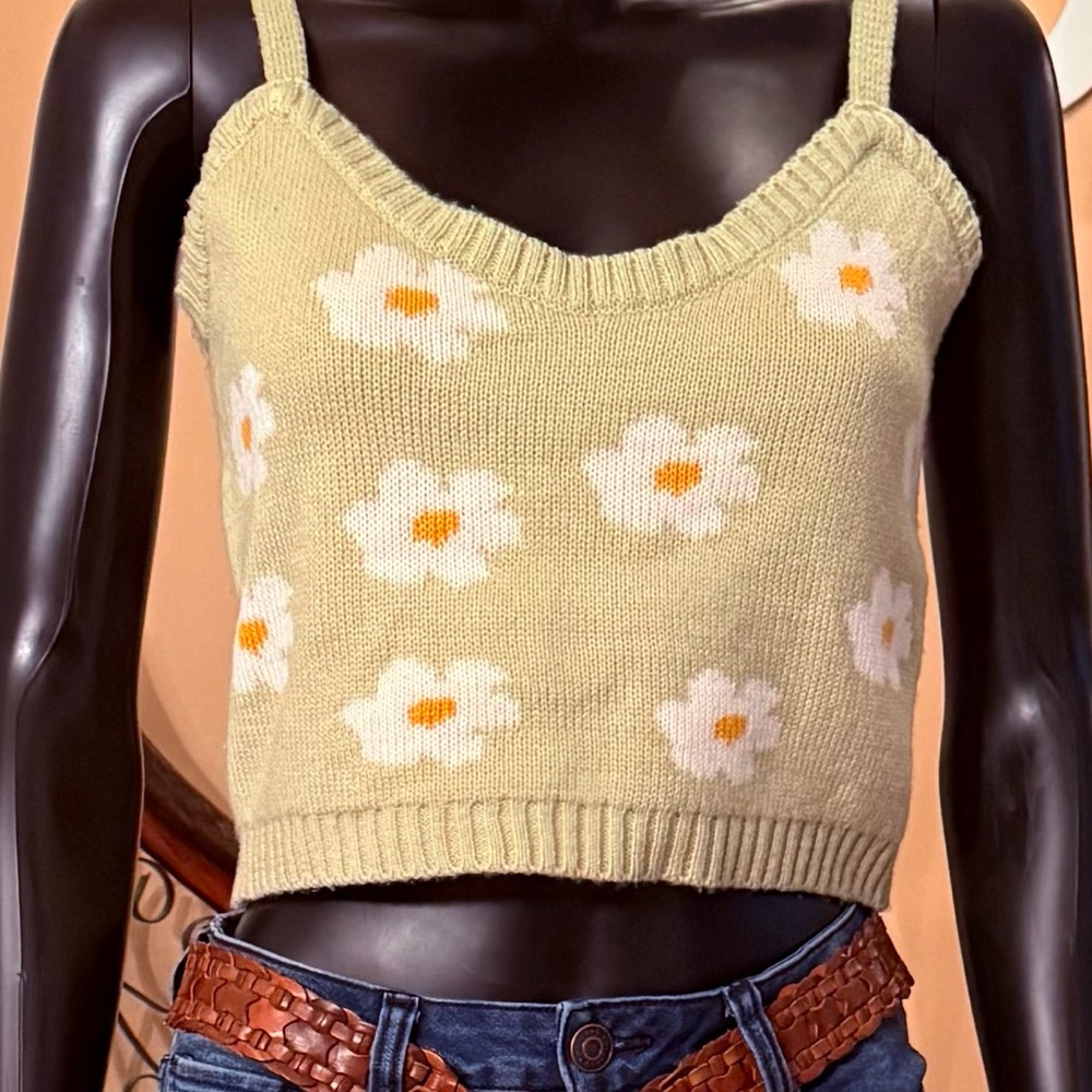 Floral Knit Crop Top - Green